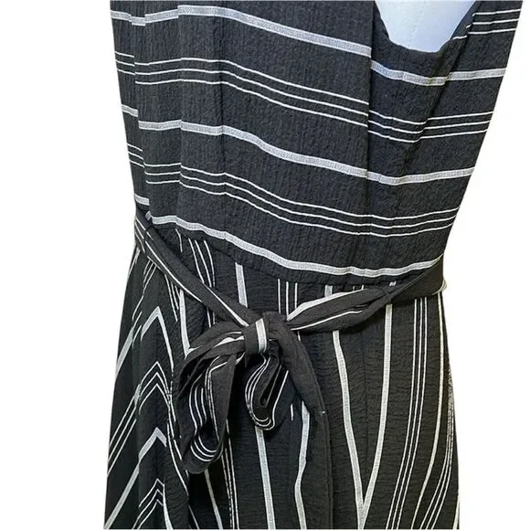 Tommy Hilfiger Halter Midi Dress Crinkle Gauze Belted Striped Black Gray 12 NWOT - Picture 15 of 16